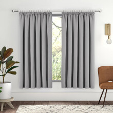 (Light Grey, 66" X 54" OR 168cm X 137cm) 100% Blackout Curtains Pencil Pleat Curtain Pair with Tiebacks