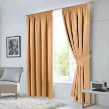 (Beige, 66" X 72" OR 168cm X 183cm.) 100% Blackout Curtains Pencil Pleat Curtain Pair with Tiebacks