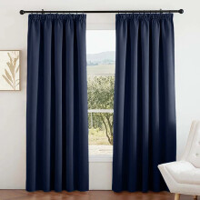 (Blue Navy, 66" X 90" OR 168cm X 228cm.) 100% Blackout Curtains Pencil Pleat Curtain Pair with Tiebacks