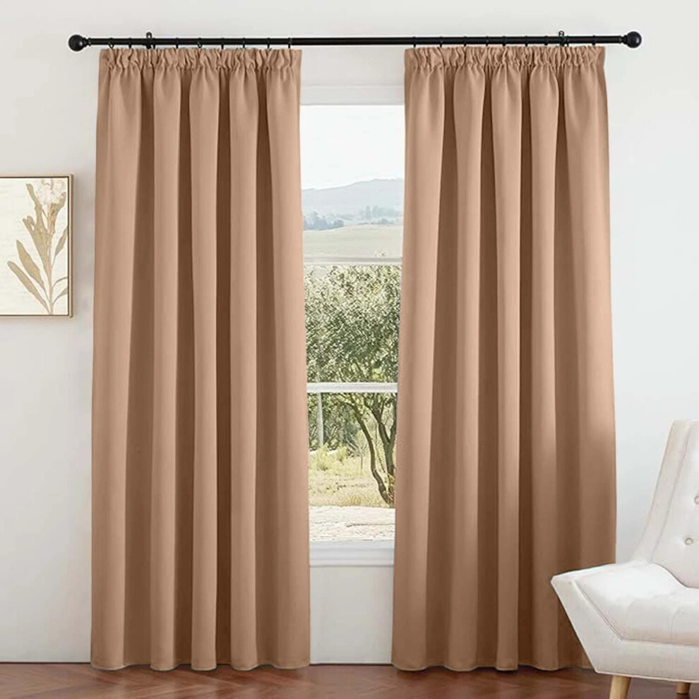 (Beige, 66" X 90" OR 168cm X 228cm.) 100% Blackout Curtains Pencil Pleat Curtain Pair with Tiebacks-image-OPC-PJ8H8CX-NEW