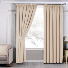 (Cream, 90" X 72" OR 228cm X 183cm) 100% Blackout Curtains Pencil Pleat Curtain Pair with Tiebacks