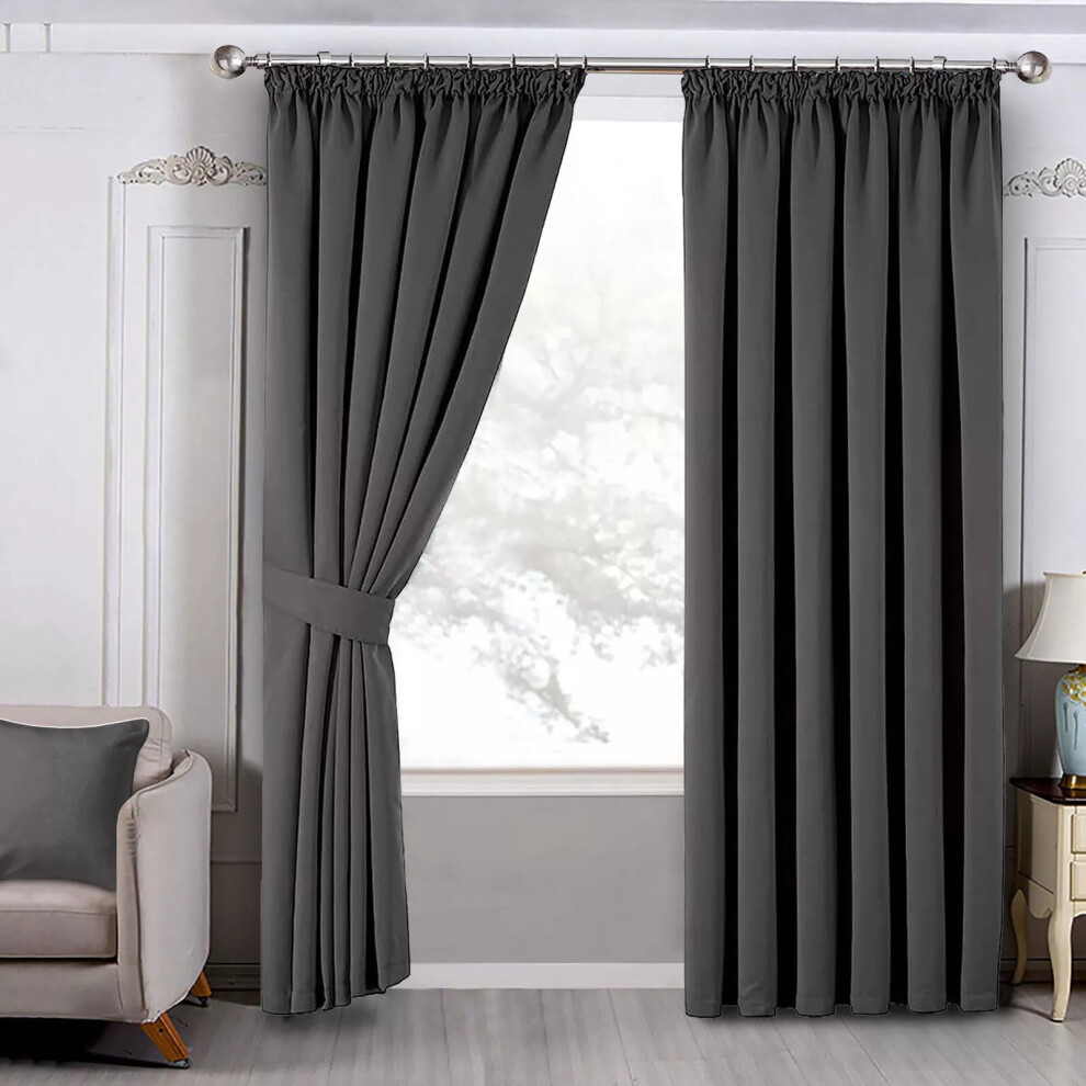 Yorkshire Bedding (Dark 90" X 72" Or 228Cm X 183Cm) 100% Blackout Curtains Pencil Pleat Curtain Pair With Tiebacks Grey