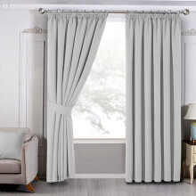 (Light Grey, 90" X 72" OR 228cm X 183cm) 100% Blackout Curtains Pencil Pleat Curtain Pair with Tiebacks