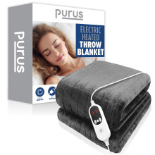 (Grey) Purus XL Double Electric Heated Throw Blanket Soft Fleece 9 Heat & 12 Timer Settings