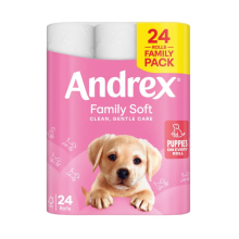 Andrex Gentle Clean Toilet Roll White, 24 Pack - Fragrance-Free, Dermatologically Tested, Embossed with Puppies