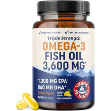 Triple Strength Omega 3 Fish Oil 3600 mg | EPA & DHA | Over 2100mg Omega-3 Fatty Acids | 1300mg EPA + 860mg DHA | Best Essential Fatty Acids