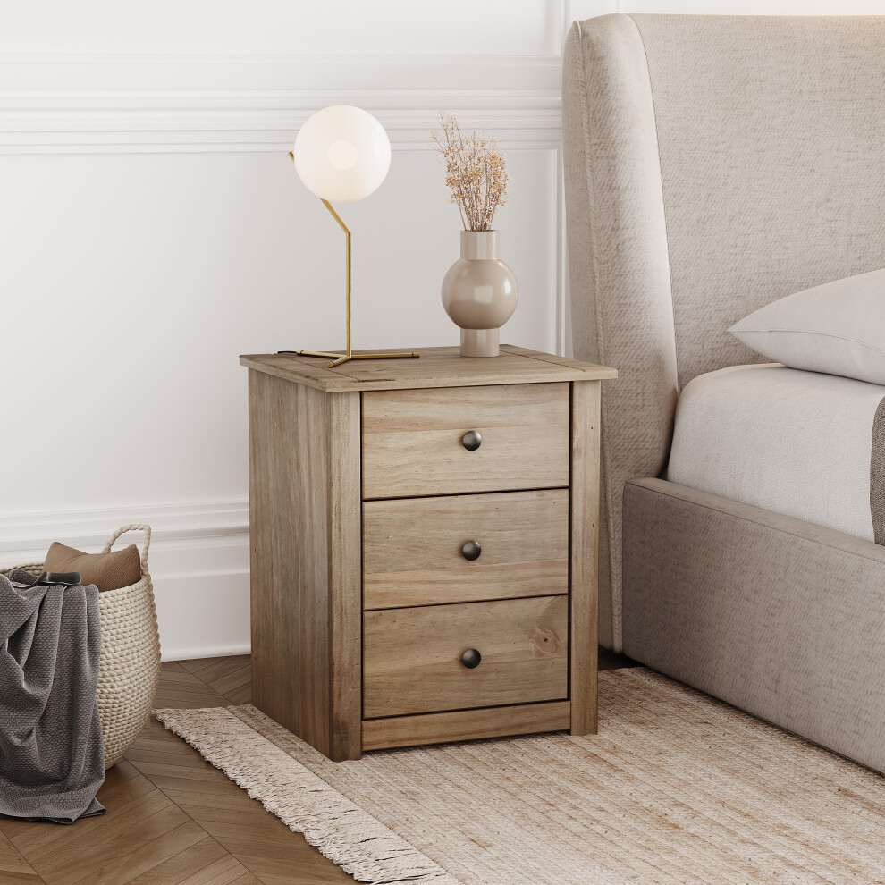 Panama 3-Drawer Bedside Cabinet - Solid Pine, Oak Finish (Code 333327)
