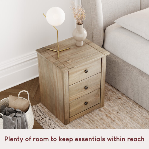 Vida Designs Panama 3-Drawer Bedside Cabinet - Solid Pine, Oak Finish (Code 333327) 2