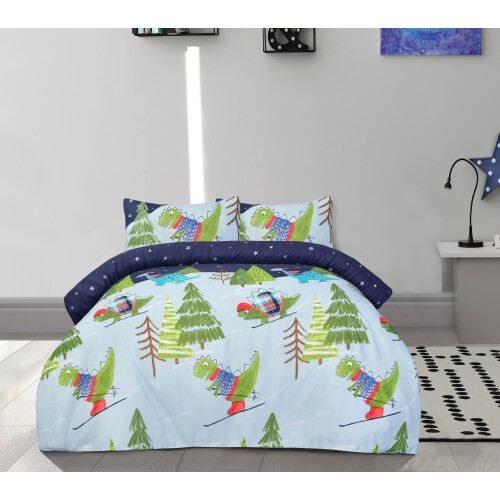 (Double) Dino Skiing Complete Bedding  Set - Blue