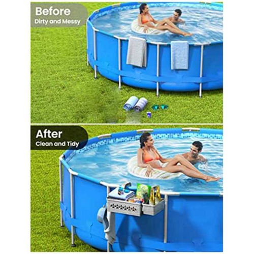 Poolside Storage Basket with Pool Cup Holder, Outdoor Container for Above Pool/Frame 2