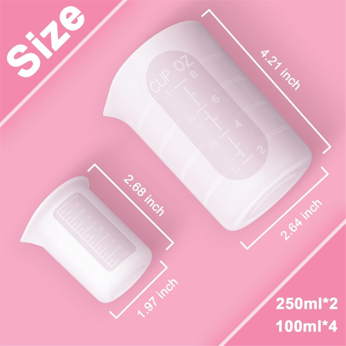 6Pcs Silicone Measuring Cups Set - 2Pc 250ml Reusable Cups, 4Pcs Non-Stick Epoxy Mixing 2