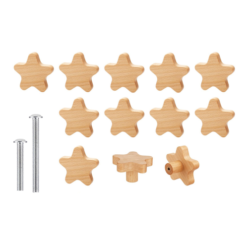 Boho Dresser Knobs-12Pack Wood Drawer Knobs Star-Shaped Wooden Pulls with 24Screws for Cabinet,Furniture