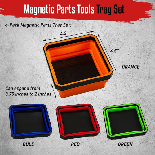 Fold Magnetic Parts Tools Tray Set, 4-Pack Foldable 4.5inch Square Silicone Bowls with Double Sided Base 1