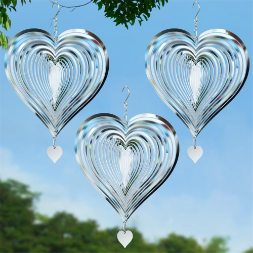 3D Heart-Shaped Wind Turner, Silver Turner for Courtyards and Gardens, Hanging 1