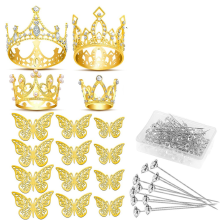 Gold Crowns for Flower Bouquet Accessories, 4 Pcs Cake Crown Topper, 12 Butterfly Decorations and 50 Pins