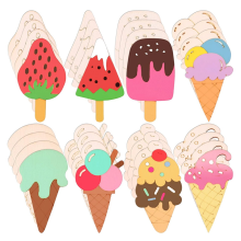 32 Pcs Unfinished Ice Cream Wooden Cutouts,8 Styles Wood Slices for DIY Crafts Home Decoration