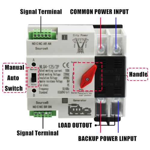 Automatic Transfer Switch 2P 100A Din Rail Mount Dual Power for Generators Electrical Selection NLQ4-2P 2
