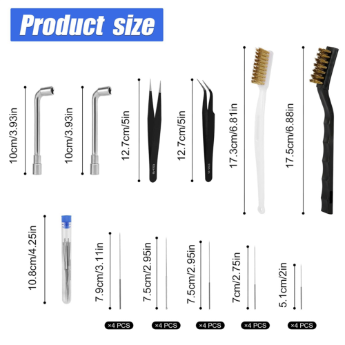 3D Printer Nozzle Cleaning Kit, 20 Pins/Needles 2 Wire Brushes L-Shaped Wrenches Tweezers 2
