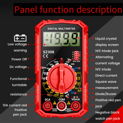 SZ308 Digital Multimeter Voltage Resistance Meter Current Electrician LCD Backlight Ohm Square Wave Test A 1