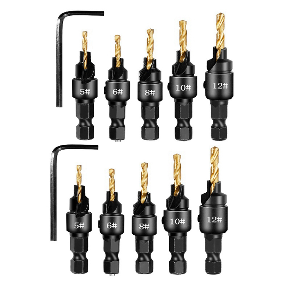 2 Setsx5pcs Countersunk Drill Hexagonal Handle Steel Hole Opener Set Wood Taper Integrated Bit Gold-image-OPC-PJ868JD-NEW