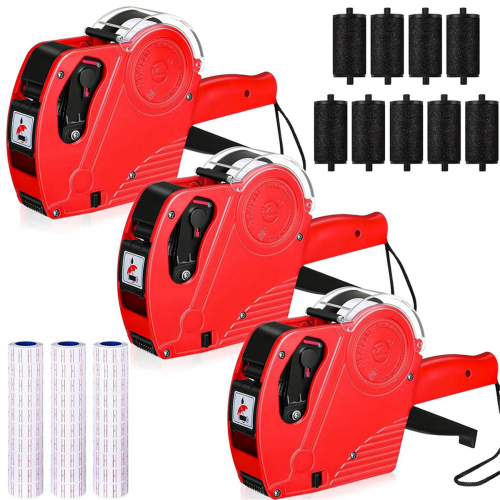 3 Pack 8 Digits Price Tag- Pricing- Label Kit with 30 Rolls Labels & 9 Ink Rollers Red