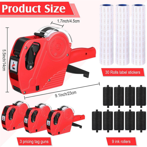 3 Pack 8 Digits Price Tag- Pricing- Label Kit with 30 Rolls Labels & 9 Ink Rollers Red 2