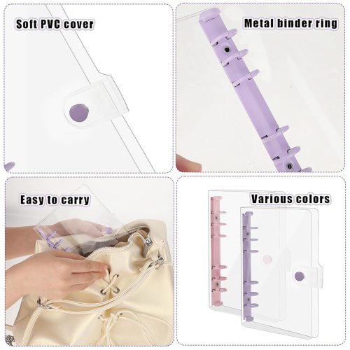2 Pack A6 Soft PVC 6 Rings Binder, Clear Budget Refillable Planner Ring Binder Cover with Snap Button 1