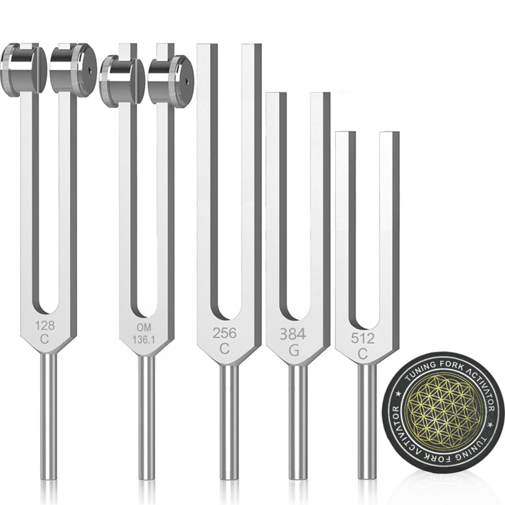 Jehiatek Resonance Tuning Forks For Healing Set,Aluminum Alloy Fork 128Hz,136.1Hz,256Hz,384Hz,512Hz &Hockey Puck Activator