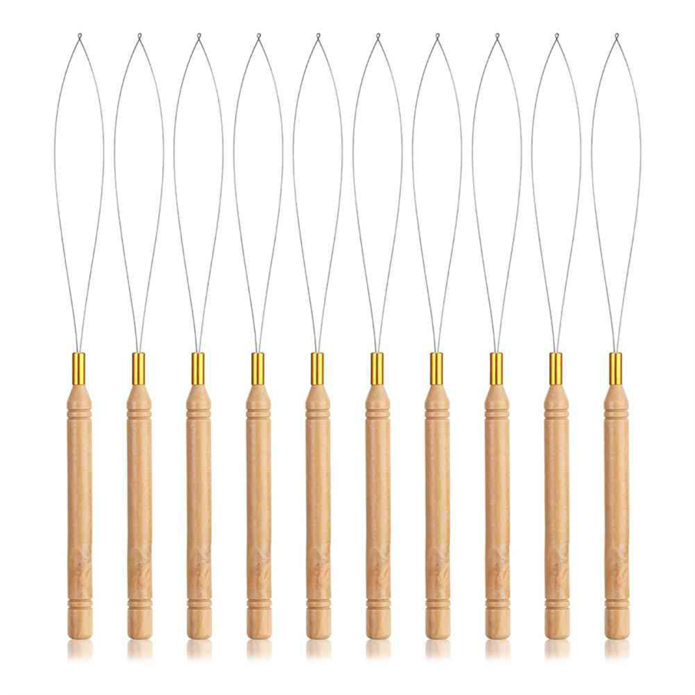 Jehiatek Unisex Hair Extensions Loop Needle Threader Pulling Hook, Threaders With Wooden Handle Bead For Extension