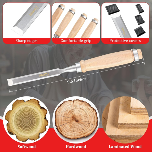 Woodworking Tools 4PC 9.5in Wood Chisel Set 1PC No.4 Adjustable Hand Planer with 2 in Replacement Blade,for 1
