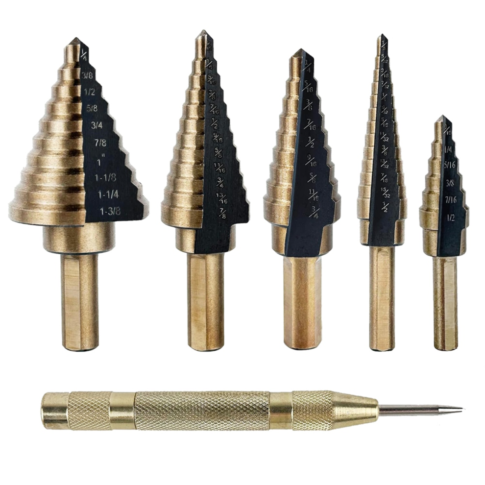 5Pcs Step Drill Bits For Metal, Wood, Plastic, 50 Sizes Tri-Flat Shank Hss Titanium Bit Set With Center Punch 4853736845799
