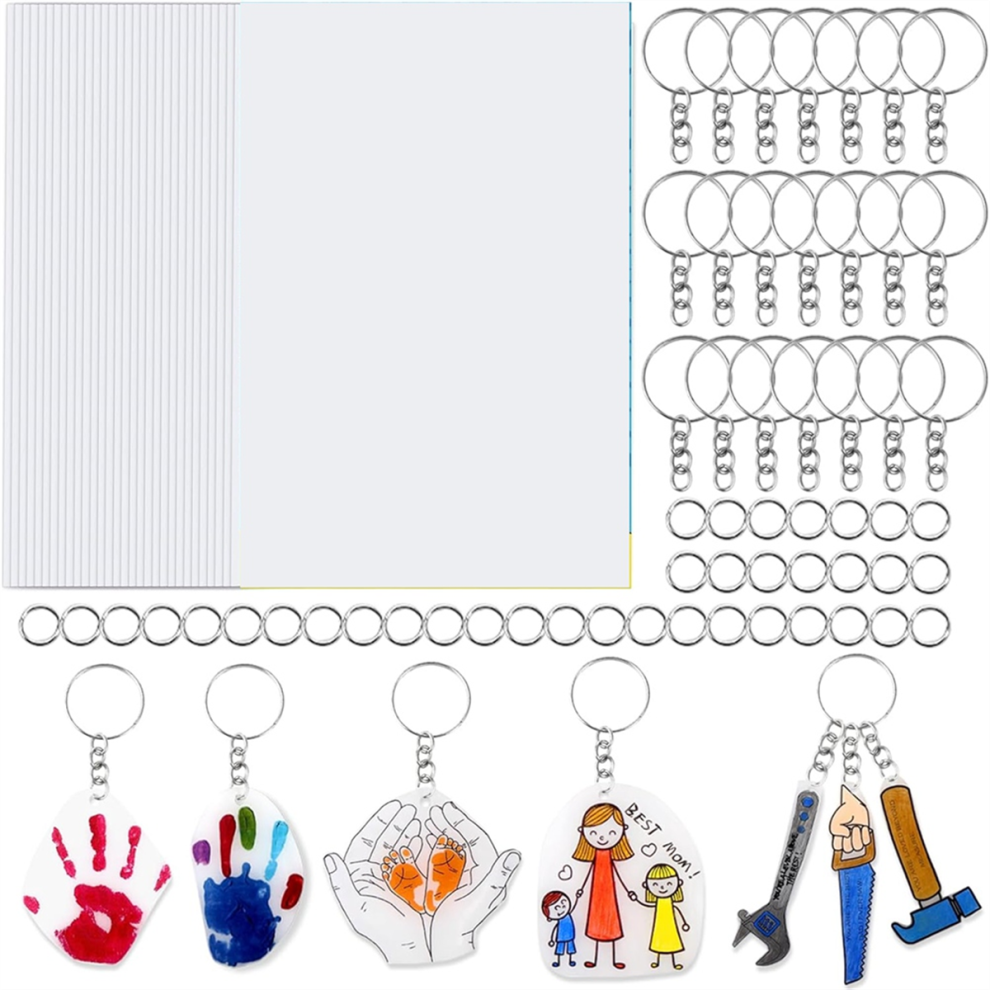 Jehiatek 30Pcs Shrink Plastic Sheets For Kids With 30 Keychains & 100 Jump Rings, Films Papers,For Diy Handprint