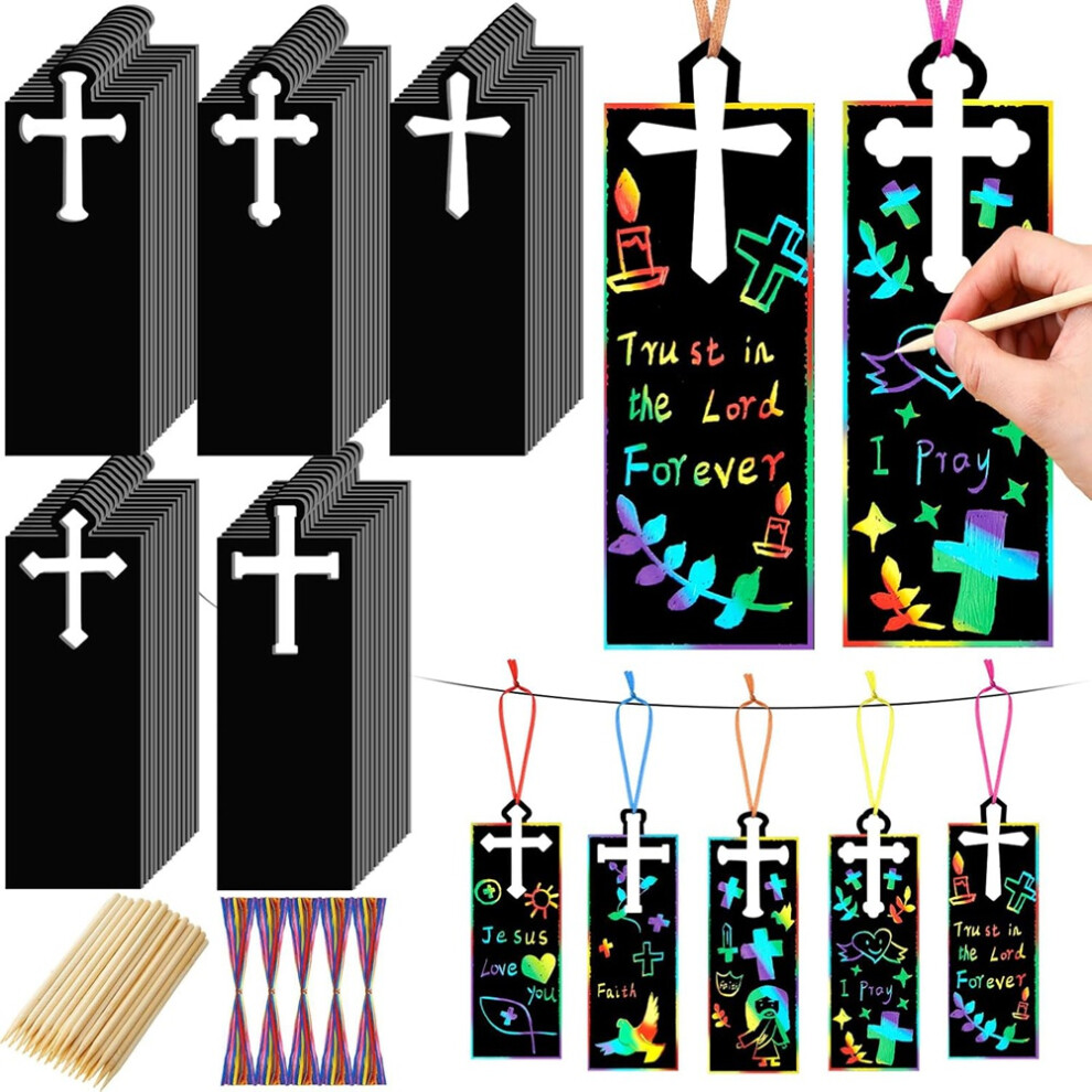 Jehiatek 100 Pcs Ornaments Diy Bookmarks Paper-Cards Rainbow Color Craft Kit Scratch Off Paper-Religious Party Easter Birthday