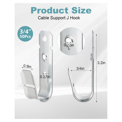 50 Pcs Cable Support J-Hook, 3/4 Inch Hooks for Hanging, Wall Mount Galvanized J 1
