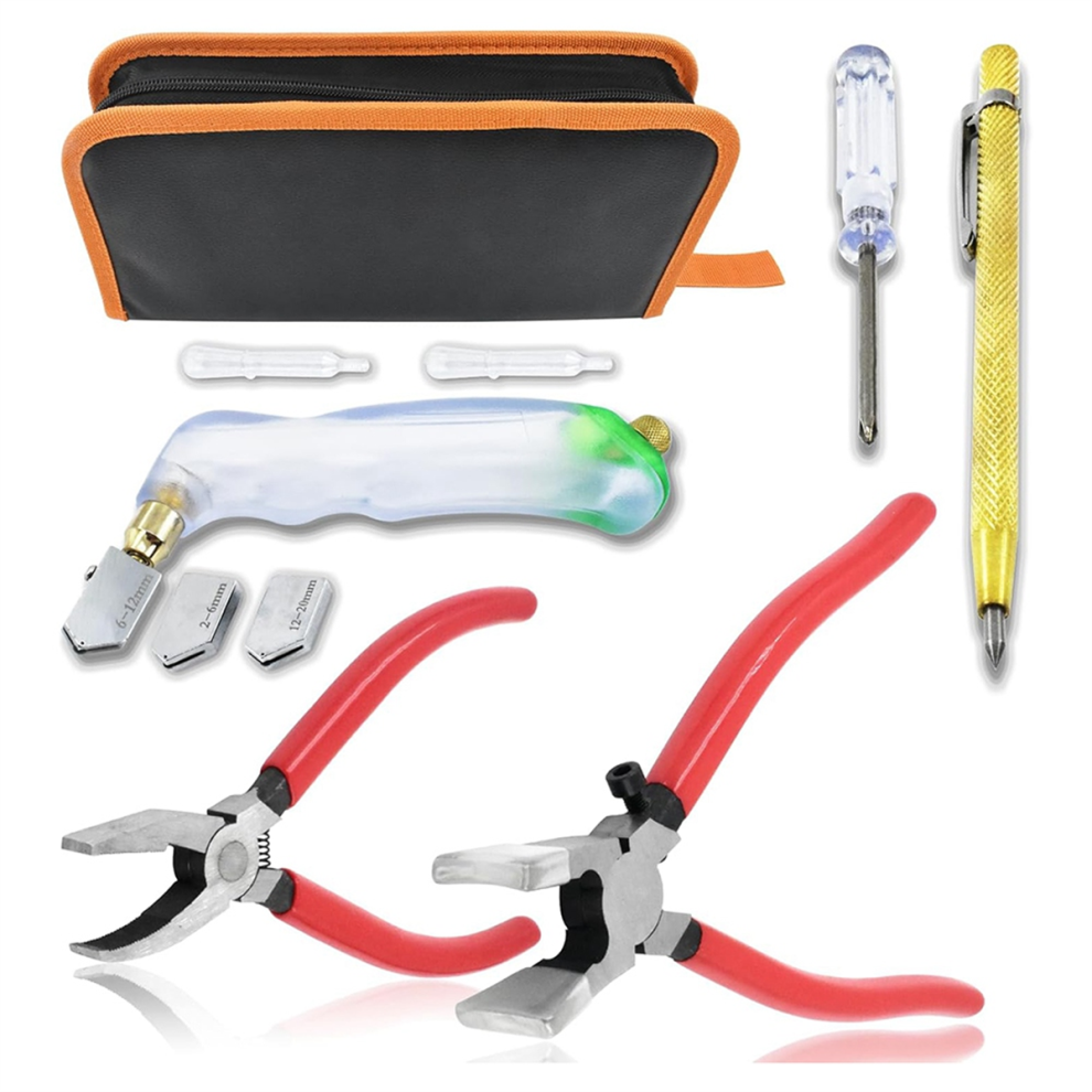10Pcs Heavy Duty Glass Cutting Tool Kit, Curve Jaw Running Pliers Breaker Grozer Pliers, Pencil Style Oil Feeder 4853128038624