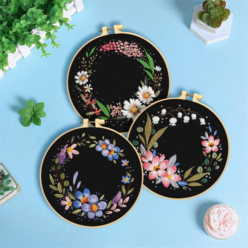 3 Pack Embroidery Kit, Floral - Set for Beginners Include Cloth Hoops Threads 2