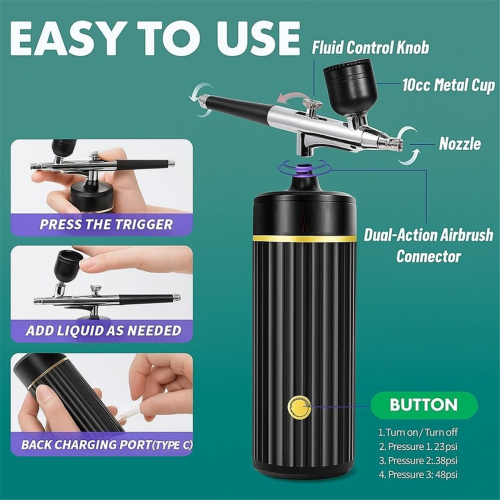 Cordless Airbrush Kit, Rechargeable Compressor with 48 PSI, Portable Handheld Set for Nails, Makeup, Art 2