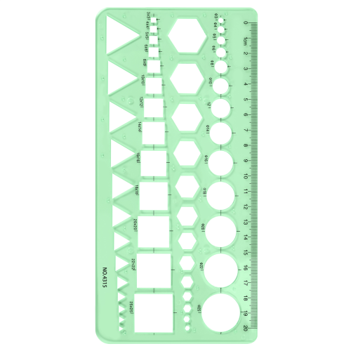 Green Plastic Circles Squares Hexagons Geometric Template Ruler 0-20cm 2
