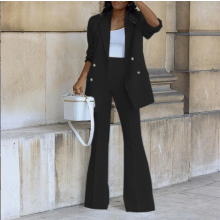 (2XL)Autumn New Women's Suits Solid Color Casual Wide Leg Pants Suit