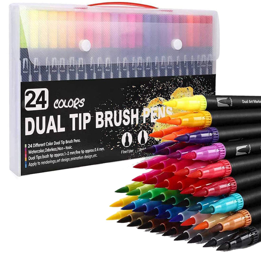 Jehiatek Colouring Pens 24 Colours Dual Brush Felt Tip Art Markers Drawing, Painting, Calligraphy, Books