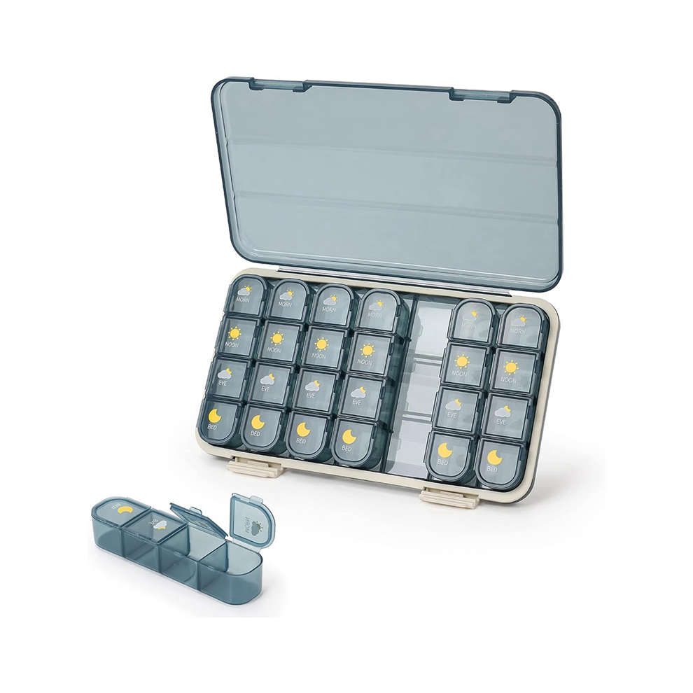 Jehiatek Pill Organizer 4 Times A Day, 7 Day Box - Weekly Medicine With Separate Case, Blue