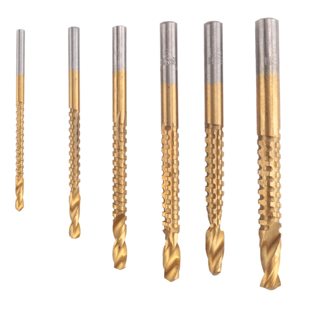 6 Pack Titanium Coated Hss Twist Bits, 3-8Mm Serrated Side Cut Bits Woodworking Tools For Plastic Metal Wood Holes 4852398696602