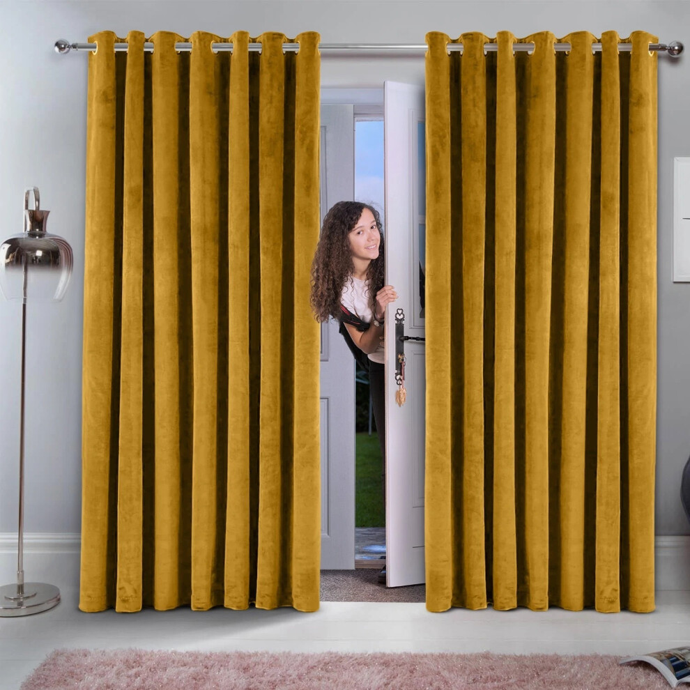 Imperial Rooms (Yellow/Ochre, 46" X 54" (116Cm X 137Cm)) Luxury Velvet Curtains Eyelet Ring Top Ready Made Blackout Curtains Living Room Bedroom Yellow