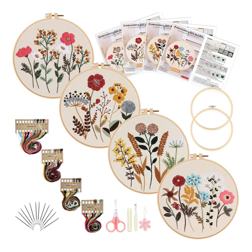 Flower Embroidery Kit for Beginners with Pattern and Instructions,4 Pack Needlepoint Kits,2 Wooden Hoops