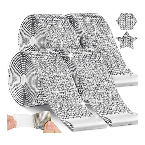 4 Rolls Self Adhesive Rhinestone Strips, Ribbon Diamond for Crafts, DIY Tape