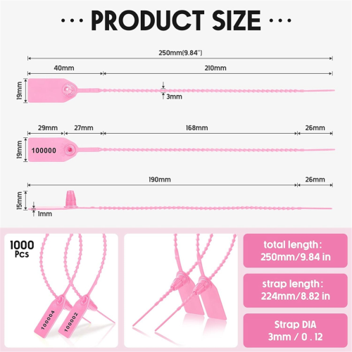1000 Pcs Plastic Tamper Seals Tags Security Safety Numbered Zip Ties Labels Pink 2
