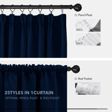(Blue Navy, 66" X 72" OR 168cm X 183cm) 100% Blackout Curtains Thermal Insulated Pencil Pleat Curtain Pair with Tiebacks