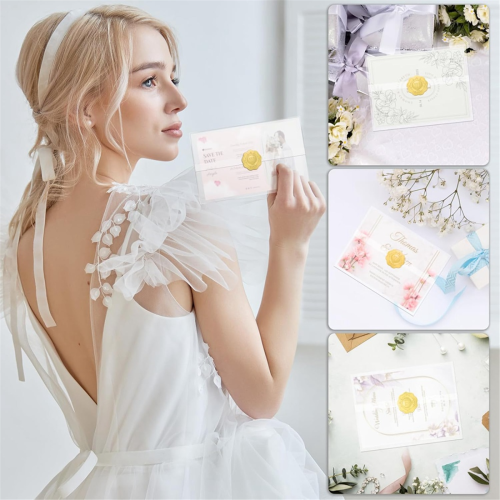 Wedding Invitations Wraps Set Include 100Pc Pre Folded Vellum Jackets for 5X7,Gold Self Adhesive Envelope Seal Stickers 2