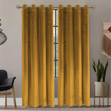 (Yellow/Ochre, 66" x 72" (167cm x 183cm)) Luxury Velvet Curtains Eyelet Ring Top Ready Made Blackout Curtains Living Room Bedroom