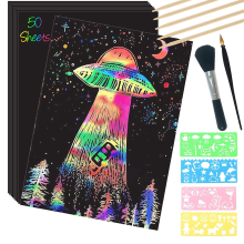 Scratch Paper Art Set,50 Sheets 8x11in Rainbow Coated Scratchboard Large with Wooden Styluses and Stencils